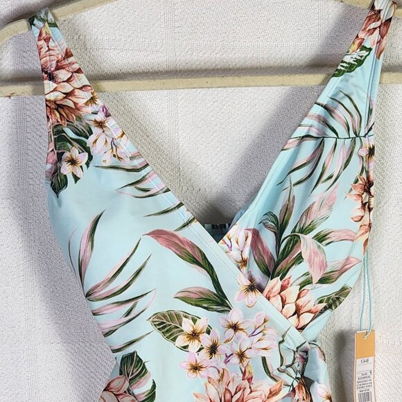 Kona Sol Sea Blue Pink Floral Lined High Coverage One Piece Bathing Suit SM 4-6 - Picture 2 of 16